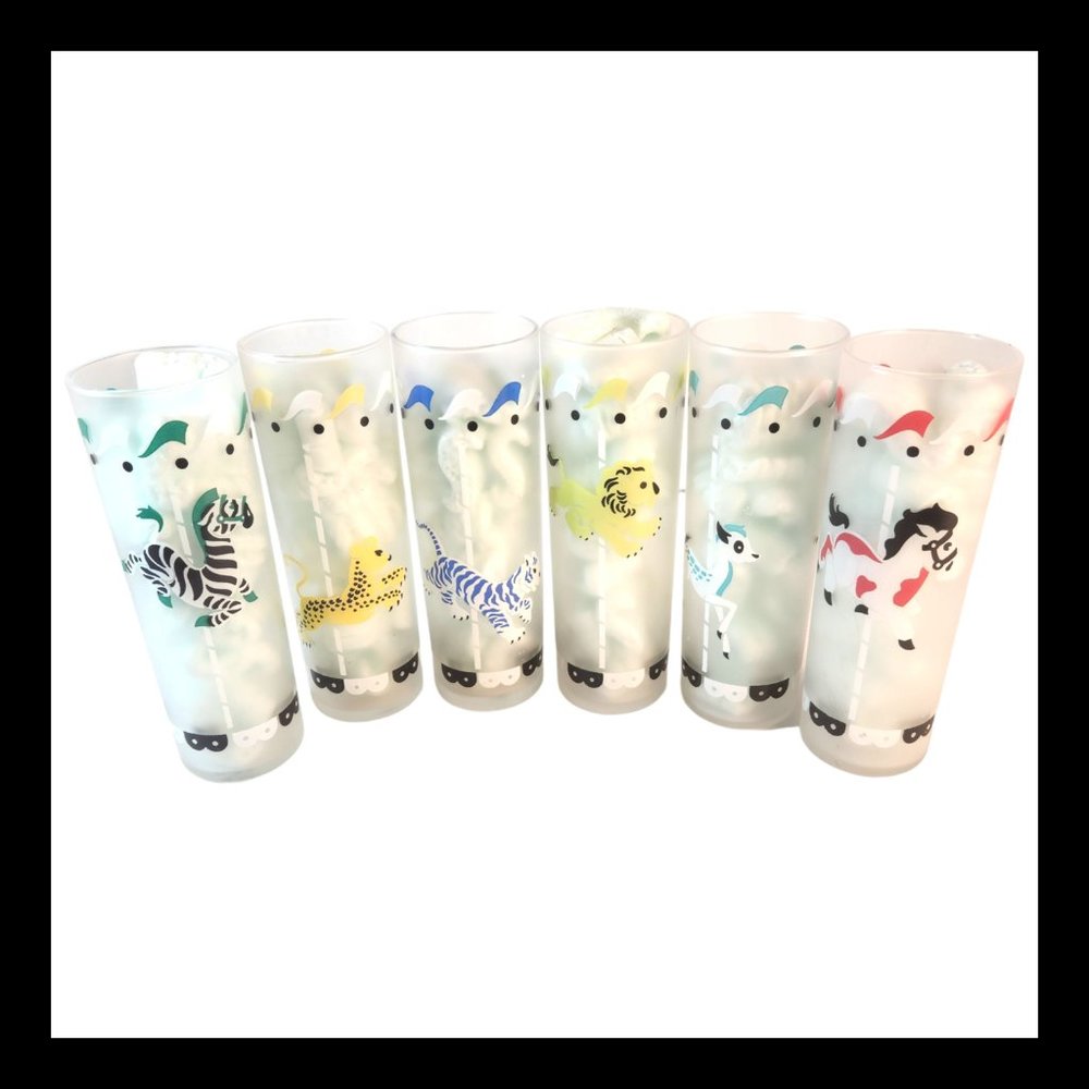 Vintage Libbey Frosted Carousel Cocktail Tom Collins Glasses Tumblers Set of 6